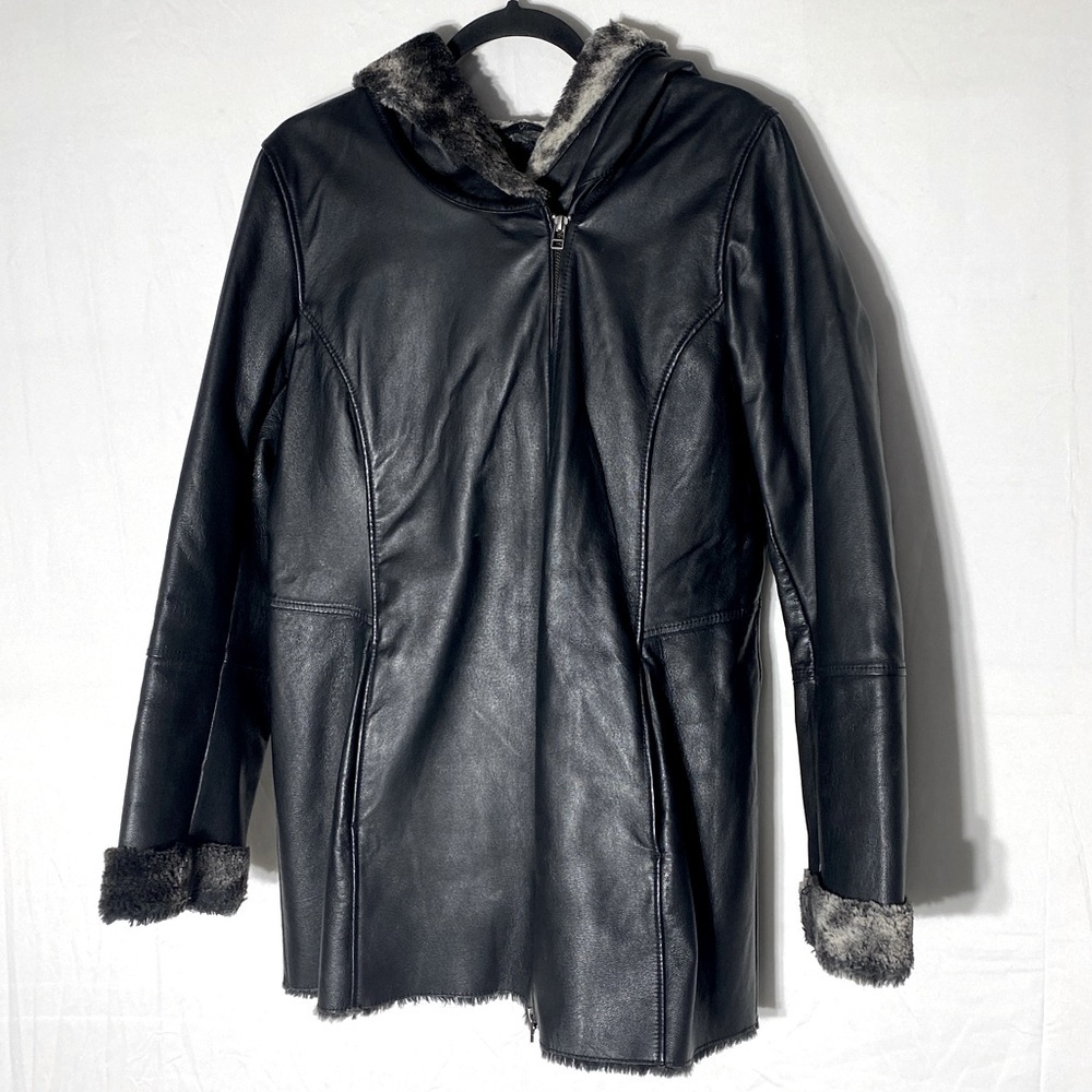 Danier Black Genuine Leather Hooded Winter Coat Jacket With Faux Fur Lining M